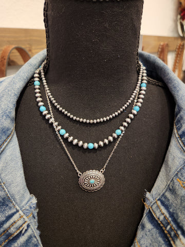 Layered Concho and Western Pearl Necklace