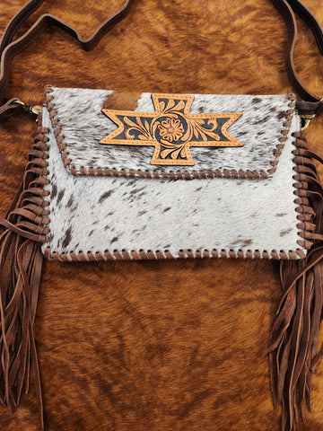 Brown Cowhide Tooled Aztec Bag