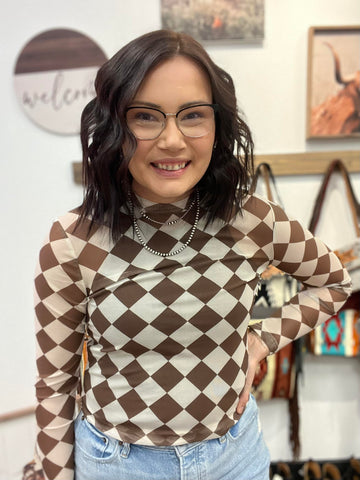 Brown Checkered Mesh Top